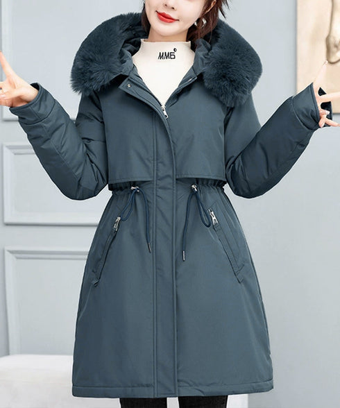 中綿ジャケット韓国風フェイクダウンコート レディース ミドル丈あったかアウター ヨーク付きコート ウエストマーク防風防寒コート ふわふわファーフード付きジャケット 83QUANLING-001