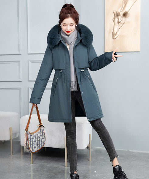 中綿ジャケット韓国風フェイクダウンコート レディース ミドル丈あったかアウター ヨーク付きコート ウエストマーク防風防寒コート ふわふわファーフード付きジャケット 83QUANLING-001