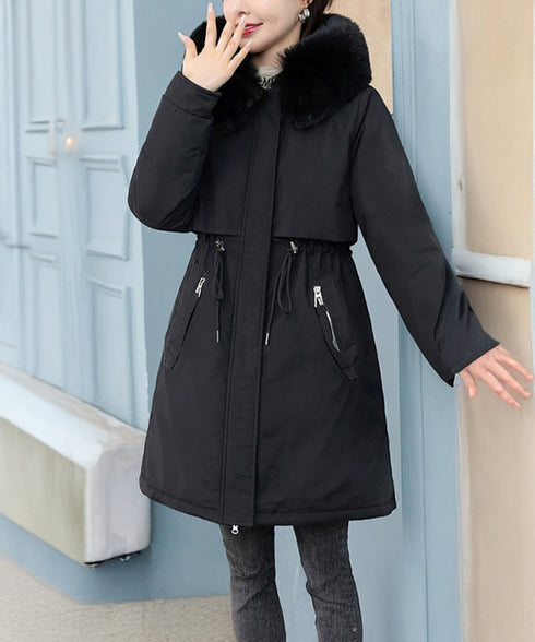 中綿ジャケット韓国風フェイクダウンコート レディース ミドル丈あったかアウター ヨーク付きコート ウエストマーク防風防寒コート ふわふわファーフード付きジャケット 83QUANLING-001