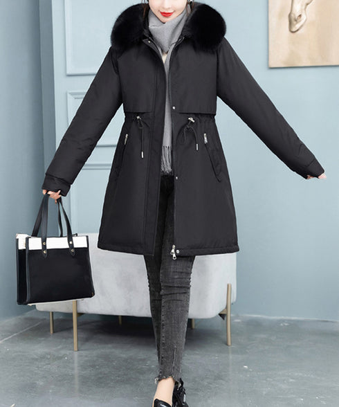 中綿ジャケット韓国風フェイクダウンコート レディース ミドル丈あったかアウター ヨーク付きコート ウエストマーク防風防寒コート ふわふわファーフード付きジャケット 83QUANLING-001