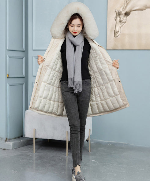 中綿ジャケット韓国風フェイクダウンコート レディース ミドル丈あったかアウター ヨーク付きコート ウエストマーク防風防寒コート ふわふわファーフード付きジャケット 83QUANLING-001