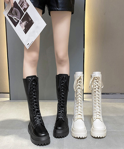 ロングブーツ レディース レースアップ靴 韓国 厚底ロングブーツ 秋冬シューズ 編み上げブーツ ボリューム感 美脚 サイドジップローヒール靴 おしゃれ 疲れにくい 83RAJL-008