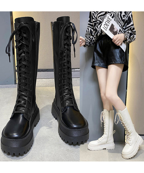 ロングブーツ レディース レースアップ靴 韓国 厚底ロングブーツ 秋冬シューズ 編み上げブーツ ボリューム感 美脚 サイドジップローヒール靴 おしゃれ 疲れにくい 83RAJL-008