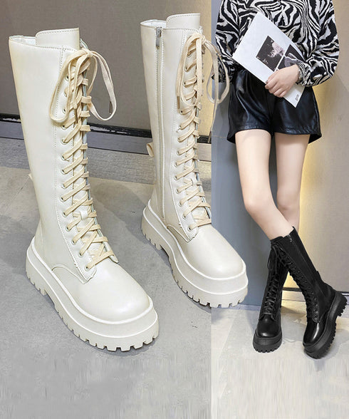 ロングブーツ レディース レースアップ靴 韓国 厚底ロングブーツ 秋冬シューズ 編み上げブーツ ボリューム感 美脚 サイドジップローヒール靴 おしゃれ 疲れにくい 83RAJL-008
