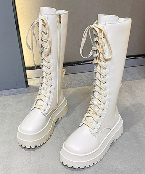 ロングブーツ レディース レースアップ靴 韓国 厚底ロングブーツ 秋冬シューズ 編み上げブーツ ボリューム感 美脚 サイドジップローヒール靴 おしゃれ 疲れにくい 83RAJL-008