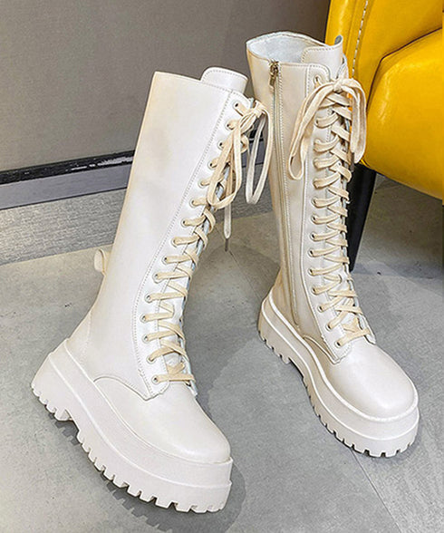 ロングブーツ レディース レースアップ靴 韓国 厚底ロングブーツ 秋冬シューズ 編み上げブーツ ボリューム感 美脚 サイドジップローヒール靴 おしゃれ 疲れにくい 83RAJL-008