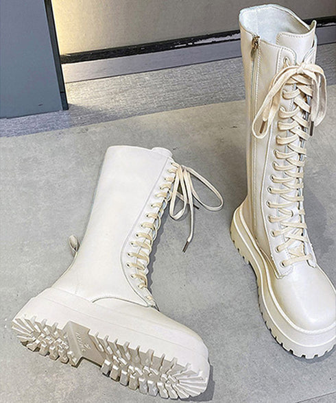 ロングブーツ レディース レースアップ靴 韓国 厚底ロングブーツ 秋冬シューズ 編み上げブーツ ボリューム感 美脚 サイドジップローヒール靴 おしゃれ 疲れにくい 83RAJL-008