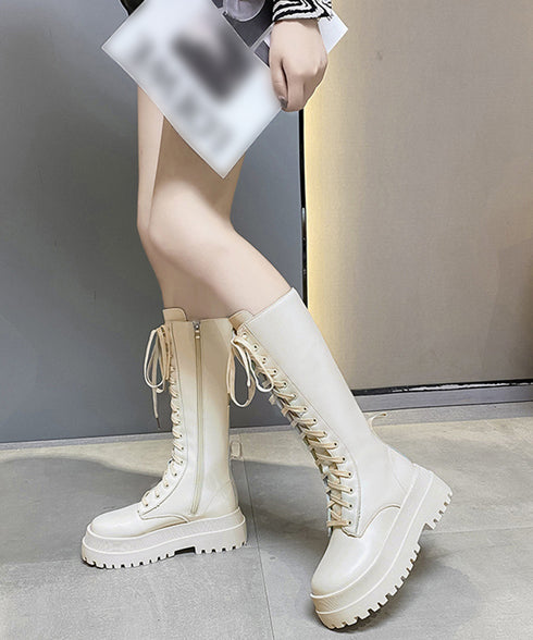 ロングブーツ レディース レースアップ靴 韓国 厚底ロングブーツ 秋冬シューズ 編み上げブーツ ボリューム感 美脚 サイドジップローヒール靴 おしゃれ 疲れにくい 83RAJL-008