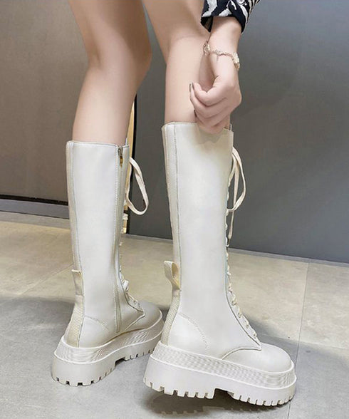 ロングブーツ レディース レースアップ靴 韓国 厚底ロングブーツ 秋冬シューズ 編み上げブーツ ボリューム感 美脚 サイドジップローヒール靴 おしゃれ 疲れにくい 83RAJL-008