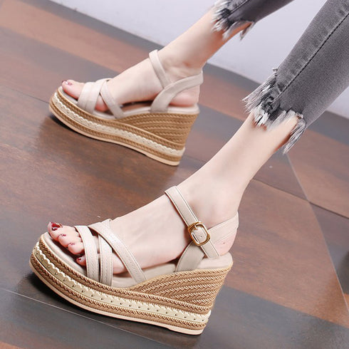 ウェッジソールサンダル 美脚厚底サンダル クロスベルト 軽量サンダル 韓国 アンクルストラップ サマーサンダル 歩きやすい お洒落 夏靴 8cmヒール 脚長綺麗目 83RAJL-009