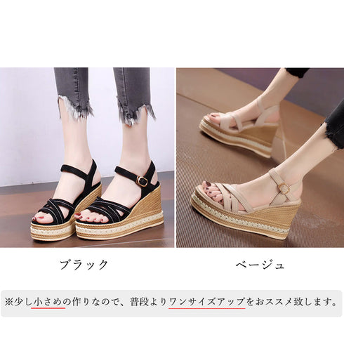 ウェッジソールサンダル 美脚厚底サンダル クロスベルト 軽量サンダル 韓国 アンクルストラップ サマーサンダル 歩きやすい お洒落 夏靴 8cmヒール 脚長綺麗目 83RAJL-009