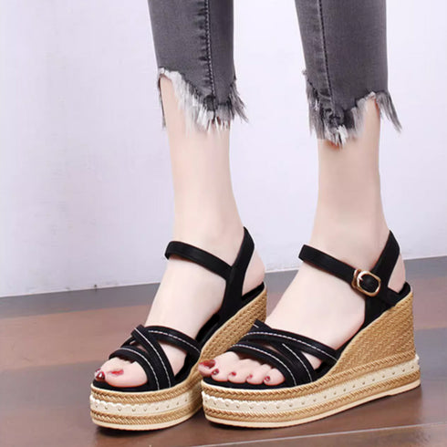 ウェッジソールサンダル 美脚厚底サンダル クロスベルト 軽量サンダル 韓国 アンクルストラップ サマーサンダル 歩きやすい お洒落 夏靴 8cmヒール 脚長綺麗目 83RAJL-009