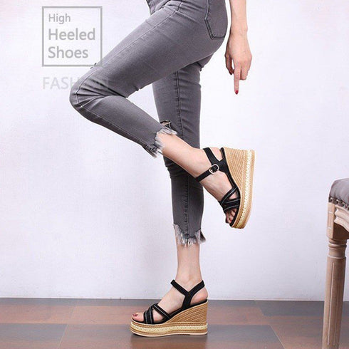 ウェッジソールサンダル 美脚厚底サンダル クロスベルト 軽量サンダル 韓国 アンクルストラップ サマーサンダル 歩きやすい お洒落 夏靴 8cmヒール 脚長綺麗目 83RAJL-009