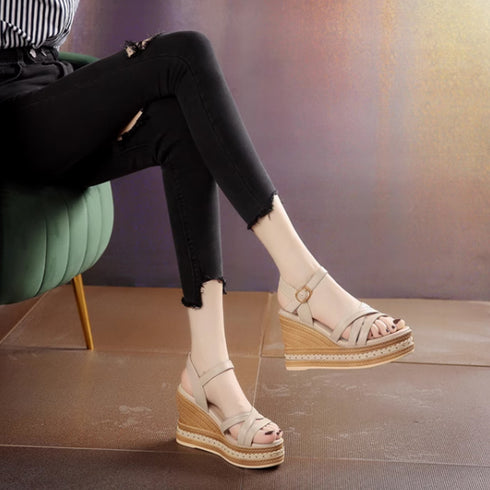 ウェッジソールサンダル 美脚厚底サンダル クロスベルト 軽量サンダル 韓国 アンクルストラップ サマーサンダル 歩きやすい お洒落 夏靴 8cmヒール 脚長綺麗目 83RAJL-009