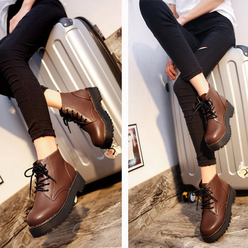 厚底ブーツ レディースショートブーツ韓国 トラックソールブーツ おしゃれ ボリュームソール 編み上げシューズ ローヒール靴 アンクルブーツ カジュアル靴 秋冬人気 83RAJL-010