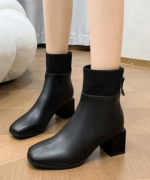 ショートブーツ 美脚 リブ切り替えブーツ レディース 裏起毛ソックスブーツ PUレザー スクエアトゥブーツ 太ヒールブーティ 痛くない 疲れないブーツ きれいめ靴 83RAJL-011
