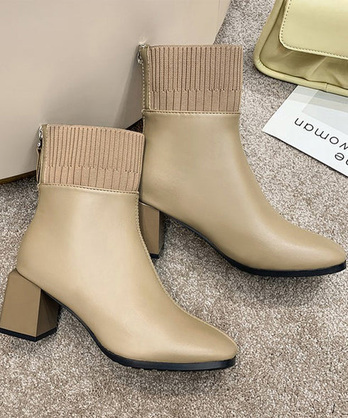 ショートブーツ 美脚 リブ切り替えブーツ レディース 裏起毛ソックスブーツ PUレザー スクエアトゥブーツ 太ヒールブーティ 痛くない 疲れないブーツ きれいめ靴 83RAJL-011