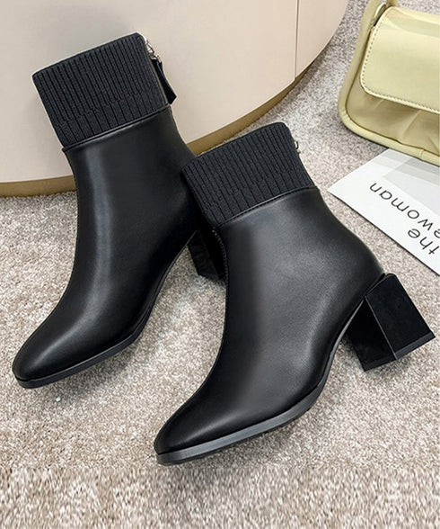 ショートブーツ 美脚 リブ切り替えブーツ レディース 裏起毛ソックスブーツ PUレザー スクエアトゥブーツ 太ヒールブーティ 痛くない 疲れないブーツ きれいめ靴 83RAJL-011