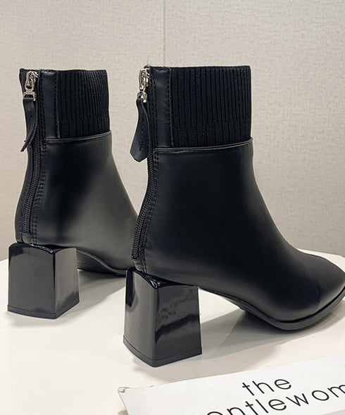 ショートブーツ 美脚 リブ切り替えブーツ レディース 裏起毛ソックスブーツ PUレザー スクエアトゥブーツ 太ヒールブーティ 痛くない 疲れないブーツ きれいめ靴 83RAJL-011