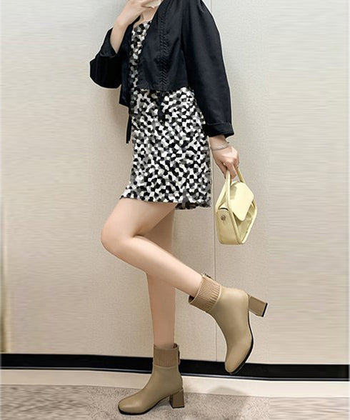 ショートブーツ 美脚 リブ切り替えブーツ レディース 裏起毛ソックスブーツ PUレザー スクエアトゥブーツ 太ヒールブーティ 痛くない 疲れないブーツ きれいめ靴 83RAJL-011