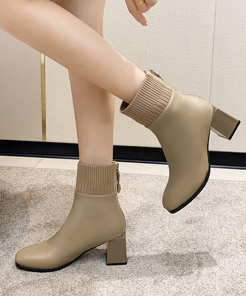 ショートブーツ 美脚 リブ切り替えブーツ レディース 裏起毛ソックスブーツ PUレザー スクエアトゥブーツ 太ヒールブーティ 痛くない 疲れないブーツ きれいめ靴 83RAJL-011