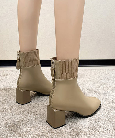 ショートブーツ 美脚 リブ切り替えブーツ レディース 裏起毛ソックスブーツ PUレザー スクエアトゥブーツ 太ヒールブーティ 痛くない 疲れないブーツ きれいめ靴 83RAJL-011