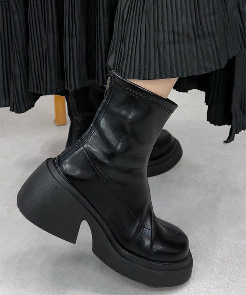 PUレザーショートブーツ バックジッパー 厚底ワークブーツ レディース ラウンドトゥ コンフォートブーツ 太ヒール 疲れにくい 靴 韓国風履きやすいくつ 通勤通学 83RAJL-014