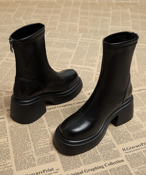 PUレザーショートブーツ バックジッパー 厚底ワークブーツ レディース ラウンドトゥ コンフォートブーツ 太ヒール 疲れにくい 靴 韓国風履きやすいくつ 通勤通学 83RAJL-014