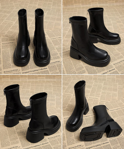 PUレザーショートブーツ バックジッパー 厚底ワークブーツ レディース ラウンドトゥ コンフォートブーツ 太ヒール 疲れにくい 靴 韓国風履きやすいくつ 通勤通学 83RAJL-014