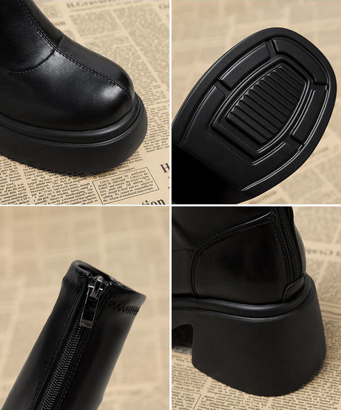 PUレザーショートブーツ バックジッパー 厚底ワークブーツ レディース ラウンドトゥ コンフォートブーツ 太ヒール 疲れにくい 靴 韓国風履きやすいくつ 通勤通学 83RAJL-014