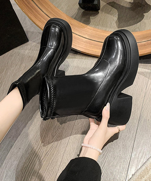 PUレザーショートブーツ バックジッパー 厚底ワークブーツ レディース ラウンドトゥ コンフォートブーツ 太ヒール 疲れにくい 靴 韓国風履きやすいくつ 通勤通学 83RAJL-014