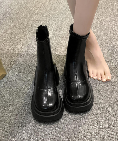 PUレザーショートブーツ バックジッパー 厚底ワークブーツ レディース ラウンドトゥ コンフォートブーツ 太ヒール 疲れにくい 靴 韓国風履きやすいくつ 通勤通学 83RAJL-014