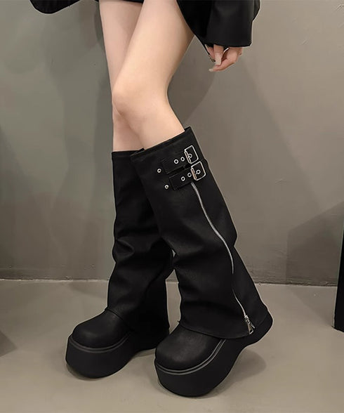 カバーロングブーツ厚底 ルーズシルエット レディース フレアワイドシャフト ワークブーツ ストリート風 お洒落 エンジニアブーツ 歩きやすい 美脚脚長かっこいい靴 83RAJL-016