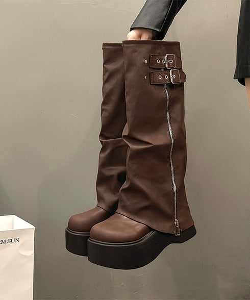 カバーロングブーツ厚底 ルーズシルエット レディース フレアワイドシャフト ワークブーツ ストリート風 お洒落 エンジニアブーツ 歩きやすい 美脚脚長かっこいい靴 83RAJL-016