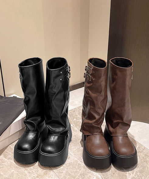 カバーロングブーツ厚底 ルーズシルエット レディース フレアワイドシャフト ワークブーツ ストリート風 お洒落 エンジニアブーツ 歩きやすい 美脚脚長かっこいい靴 83RAJL-016