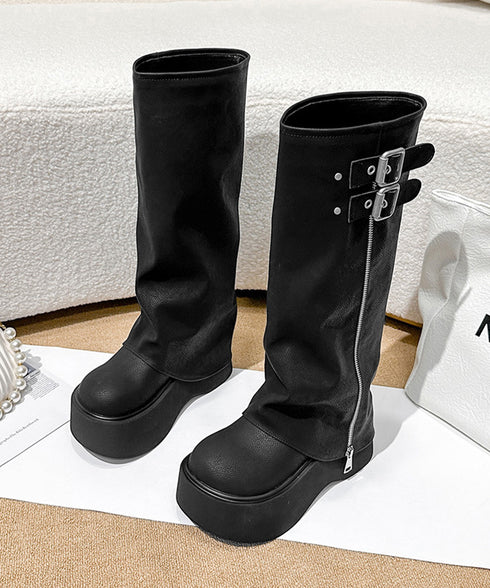 カバーロングブーツ厚底 ルーズシルエット レディース フレアワイドシャフト ワークブーツ ストリート風 お洒落 エンジニアブーツ 歩きやすい 美脚脚長かっこいい靴 83RAJL-016