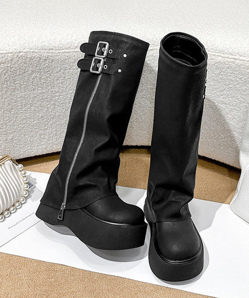 カバーロングブーツ厚底 ルーズシルエット レディース フレアワイドシャフト ワークブーツ ストリート風 お洒落 エンジニアブーツ 歩きやすい 美脚脚長かっこいい靴 83RAJL-016