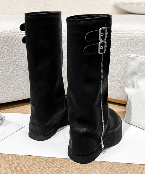 カバーロングブーツ厚底 ルーズシルエット レディース フレアワイドシャフト ワークブーツ ストリート風 お洒落 エンジニアブーツ 歩きやすい 美脚脚長かっこいい靴 83RAJL-016