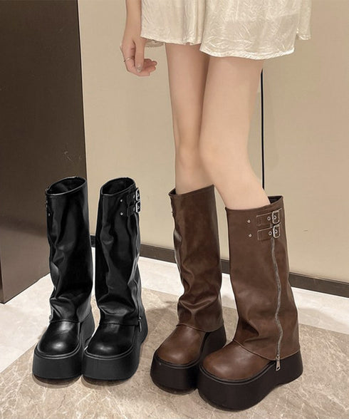 カバーロングブーツ厚底 ルーズシルエット レディース フレアワイドシャフト ワークブーツ ストリート風 お洒落 エンジニアブーツ 歩きやすい 美脚脚長かっこいい靴 83RAJL-016
