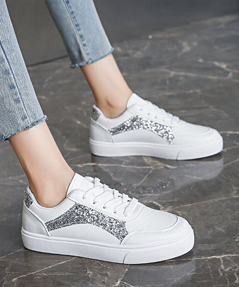 ローカットスニーカー スパンコール靴美脚 韓国風カジュアル フラットシューズ 歩きやすい おしゃれPUレザースニーカー 通勤通学レースアップスニーカー 履きやすい 83RAJL-017