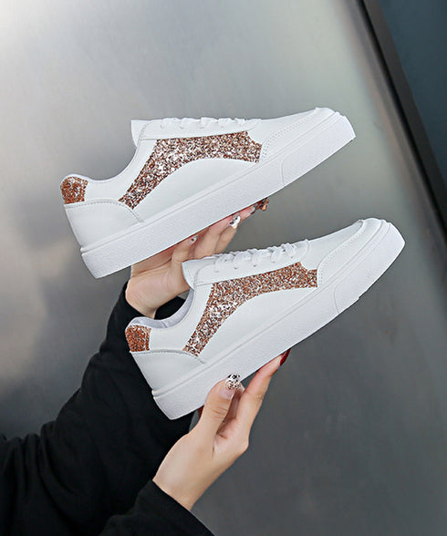 ローカットスニーカー スパンコール靴美脚 韓国風カジュアル フラットシューズ 歩きやすい おしゃれPUレザースニーカー 通勤通学レースアップスニーカー 履きやすい 83RAJL-017