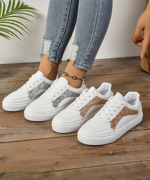 ローカットスニーカー スパンコール靴美脚 韓国風カジュアル フラットシューズ 歩きやすい おしゃれPUレザースニーカー 通勤通学レースアップスニーカー 履きやすい 83RAJL-017