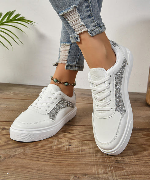ローカットスニーカー スパンコール靴美脚 韓国風カジュアル フラットシューズ 歩きやすい おしゃれPUレザースニーカー 通勤通学レースアップスニーカー 履きやすい 83RAJL-017