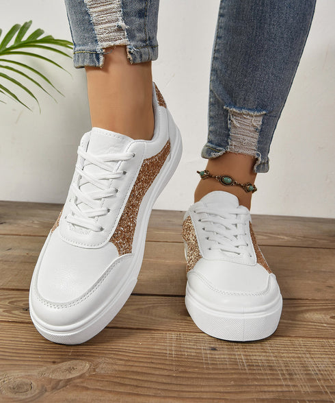 ローカットスニーカー スパンコール靴美脚 韓国風カジュアル フラットシューズ 歩きやすい おしゃれPUレザースニーカー 通勤通学レースアップスニーカー 履きやすい 83RAJL-017