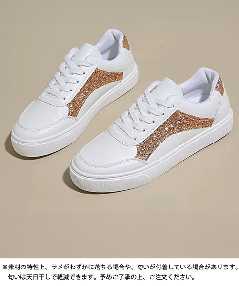 ローカットスニーカー スパンコール靴美脚 韓国風カジュアル フラットシューズ 歩きやすい おしゃれPUレザースニーカー 通勤通学レースアップスニーカー 履きやすい 83RAJL-017