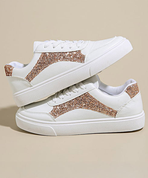 ローカットスニーカー スパンコール靴美脚 韓国風カジュアル フラットシューズ 歩きやすい おしゃれPUレザースニーカー 通勤通学レースアップスニーカー 履きやすい 83RAJL-017