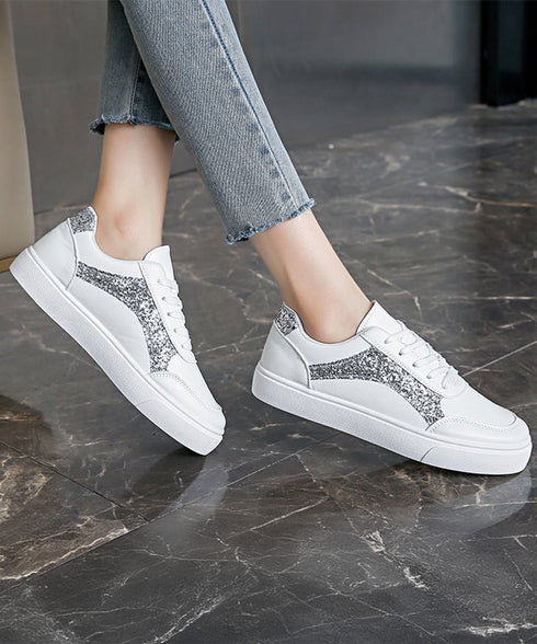 ローカットスニーカー スパンコール靴美脚 韓国風カジュアル フラットシューズ 歩きやすい おしゃれPUレザースニーカー 通勤通学レースアップスニーカー 履きやすい 83RAJL-017