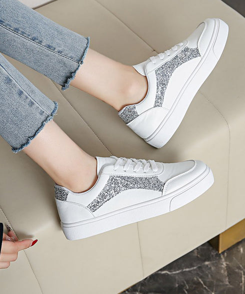 ローカットスニーカー スパンコール靴美脚 韓国風カジュアル フラットシューズ 歩きやすい おしゃれPUレザースニーカー 通勤通学レースアップスニーカー 履きやすい 83RAJL-017