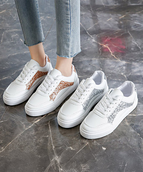 ローカットスニーカー スパンコール靴美脚 韓国風カジュアル フラットシューズ 歩きやすい おしゃれPUレザースニーカー 通勤通学レースアップスニーカー 履きやすい 83RAJL-017