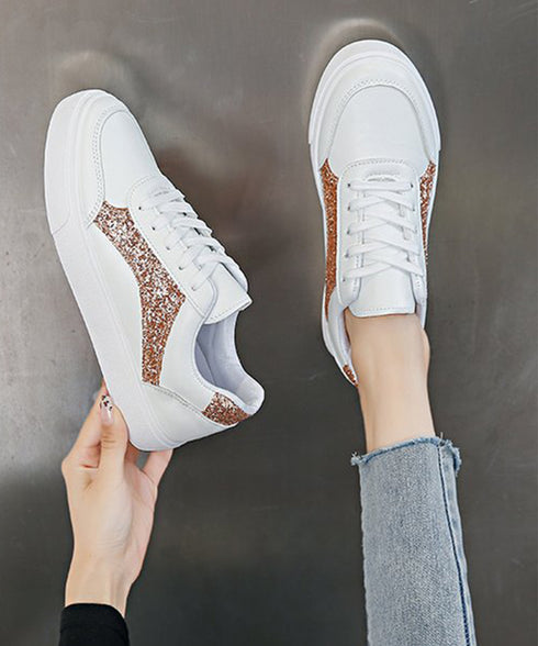 ローカットスニーカー スパンコール靴美脚 韓国風カジュアル フラットシューズ 歩きやすい おしゃれPUレザースニーカー 通勤通学レースアップスニーカー 履きやすい 83RAJL-017
